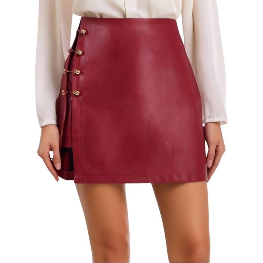Wine Red Faux Leather Mini Skirt Gold Button Detail Split Front‎ XS